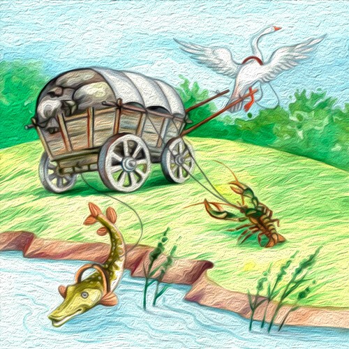 Create meme: Swan pike and crayfish fable, Krylov's fables swan crayfish and pike, swan crayfish and pike illustration