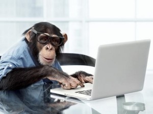 Создать мем: мартышка офисная, обезьянка за компьютером, деловая обезьяна