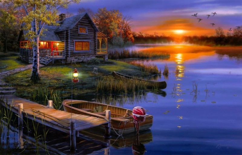 Create meme: Darrell Bush Lake House, Sunset river house, nature evening