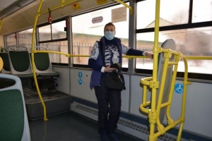 Create meme: the tram conductor Chelyabinsk, public transport, the conductor in the mask in public transport