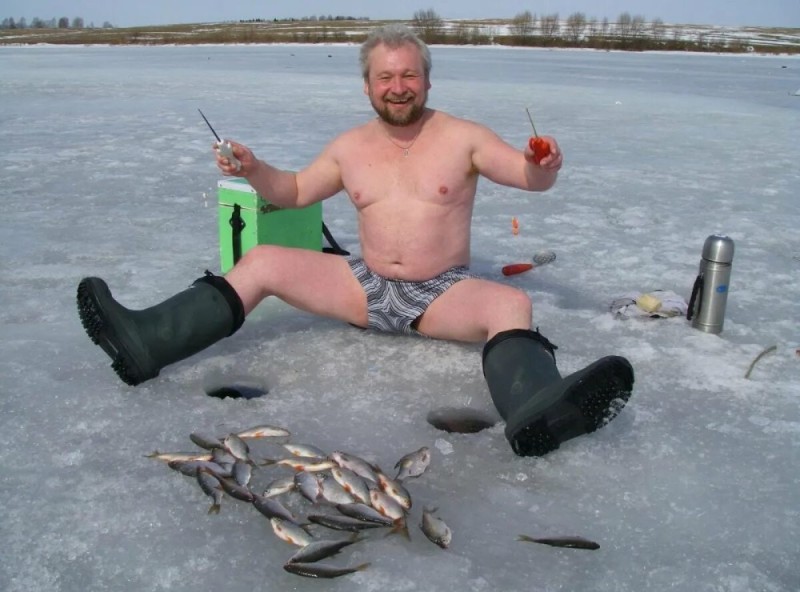 Create meme: winter fishing , drunk fisherman , winter fishing fun