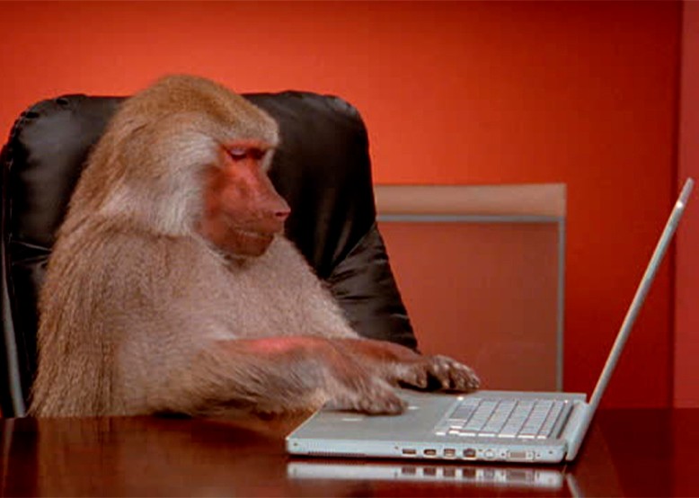 Create meme: a monkey with a computer, monkey programmer, the monkey behind the computer