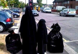 Create meme: hijab, muslim women, trash bag