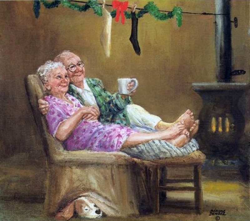 Создать мем: доброе утро бабушка и дедушка, бабушка и дедушка у камина, картина бабушка и дедушка
