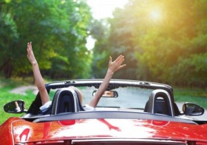 Create meme: the girl in the convertible scarf, the car goes for the girl, the instructor on the convertible