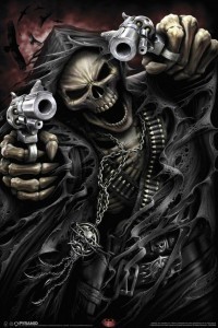 Create meme: dark arts, skull with guns, skeleton with a gun