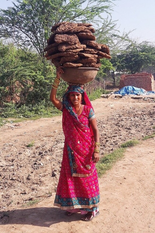 Create meme: Indian women with a pelvis on their head, manure cakes in India, India 