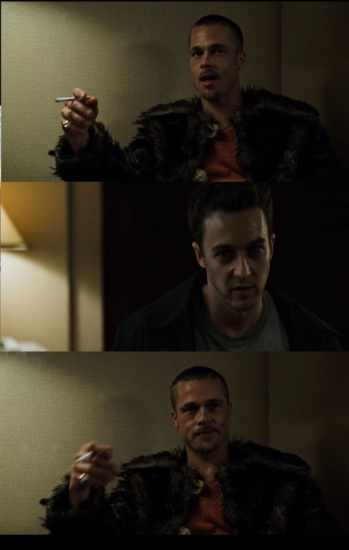 Create meme: Fight club Brad Pitt in a fur coat, Edward Norton fight club, fight club Tyler