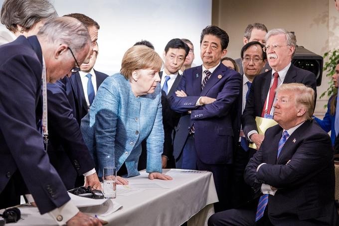 Create meme: Merkel trump g7, Trump G7 summit, Trump Merkel summit