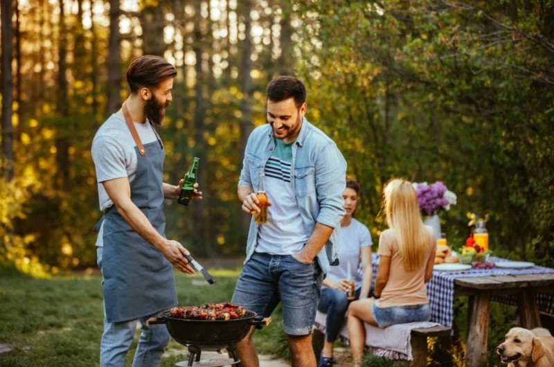 Create meme: people at the barbecue, barbecue in nature with friends, kebabs with friends