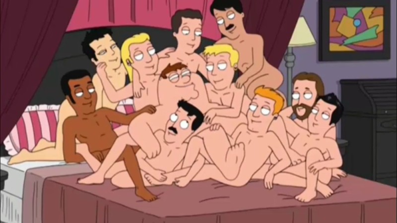 Create meme: family guy Gangbang, family guy men in bed, family guy Orgy