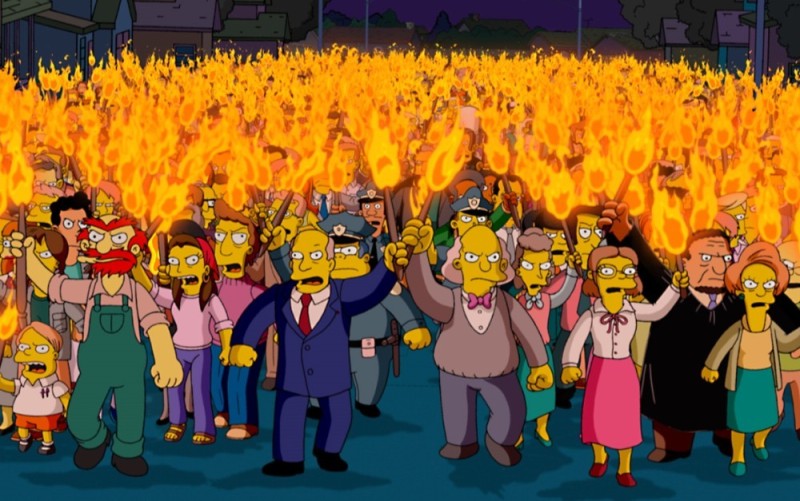 Create meme: a crowd with pitchforks and torches, The Simpsons is a lynch mob, peasants with pitchforks and torches