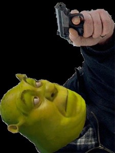 Create meme: ihtr vtv elfkb, Shrek with a gun, Shrek with a gun meme
