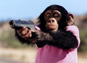 Создать мем: обезьянная с пистолетом, мартышка с гранатой, обезьяна