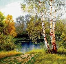 Create meme: birch grove and river picture, landscape with birches, painting birch grove