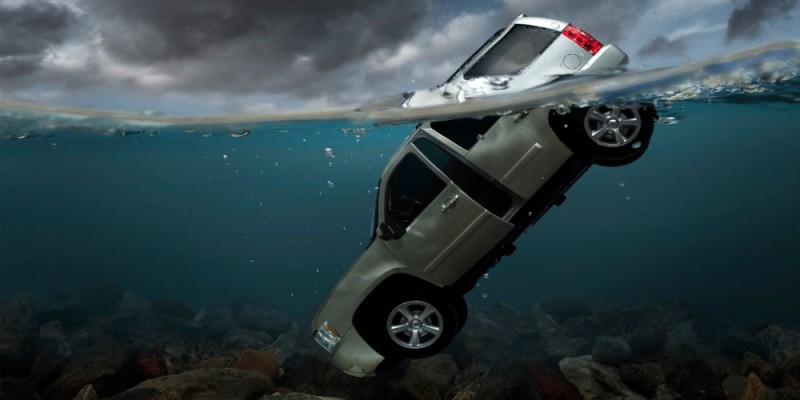 Create meme: sunken cars, car , the car is under water
