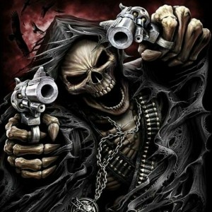 Create meme: skull with guns, skeleton with a gun, skeleton with a gun