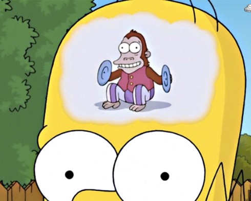 Create meme: The monkey in Homer's head, the monkey in the head of Homer, the simpsons monkey with plates