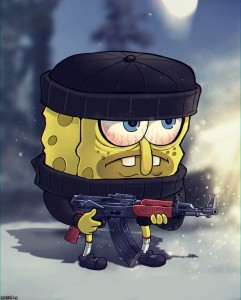 Create meme: meme spongebob, spongebob with an AK 47, spongebob Kalash