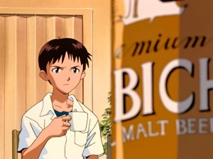 Create meme: Shinji Ikari with a mug