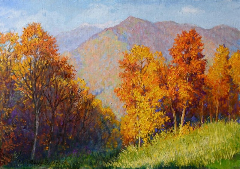 Create meme: artist karakhan Nikolay georgievich autumn in the mountains, autumn oil painting, painting autumn