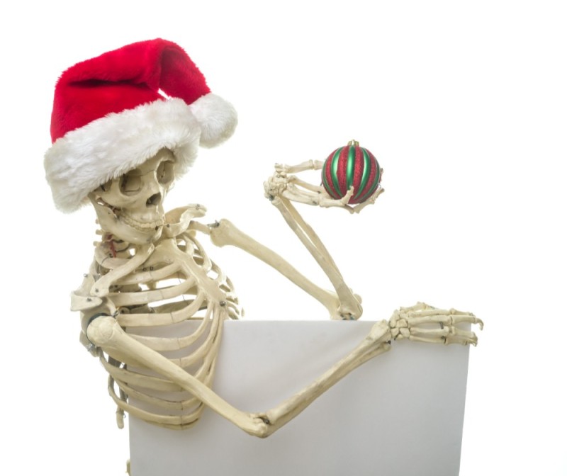 Create meme: a skeleton in a New Year's hat, new year's skeleton, skeleton christmas