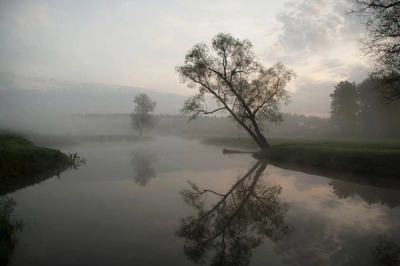 Create meme: river in the morning, fog morning, fog over the river