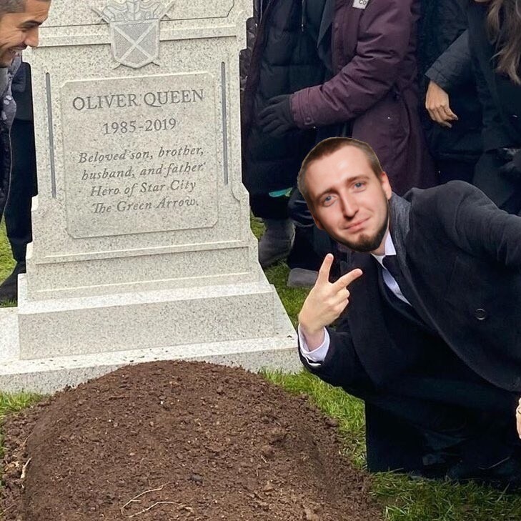 Create meme: Grant Gustin at the grave, grant gastin near the grave of Oliver, grave 
