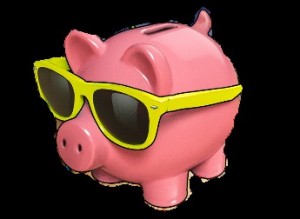 Create meme: yellow piggy Bank with glasses, piggy piggy on the beach picture, piggy bank
