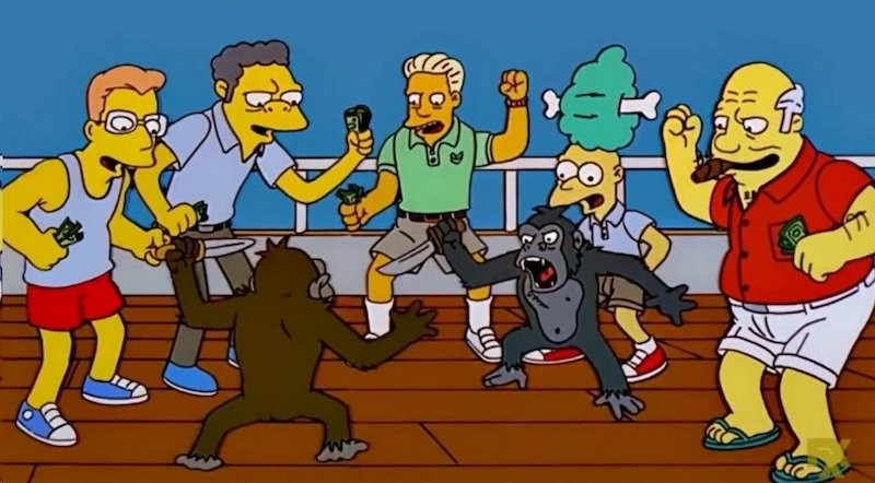 Create meme: the simpsons monkeys with knives, The Simpsons Battle of the Apes, The Simpsons fight