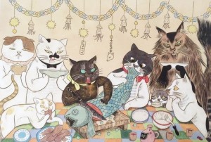 Создать мем: коты в книжной иллюстрации, много котиков фон, кошка