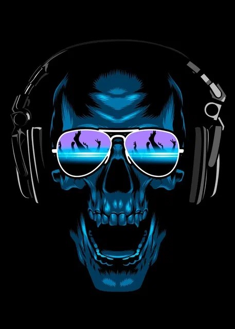 Create meme: skull with headphones, skull with headphones, A skull with glasses