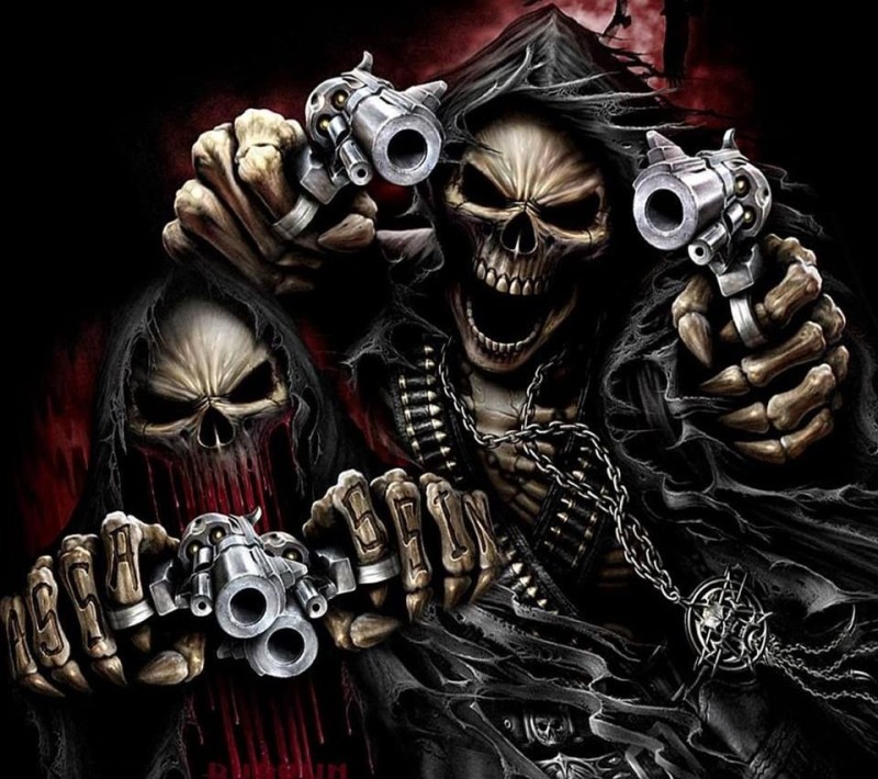 Создать мем: череп с оружием, крутые скелеты с пистолетом, скелет с револьвером