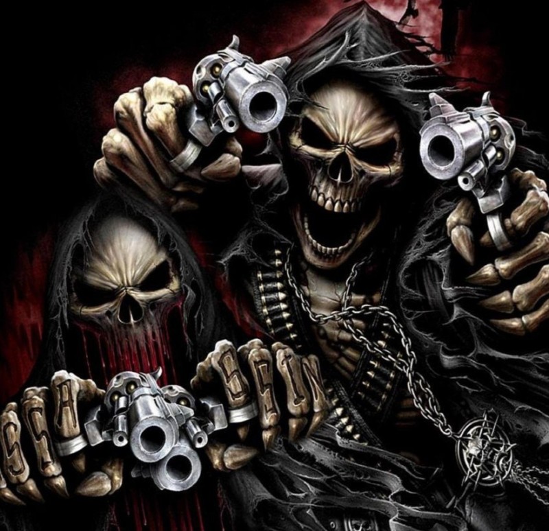 Create meme: angry skeleton , cool skulls, skeleton with a gun