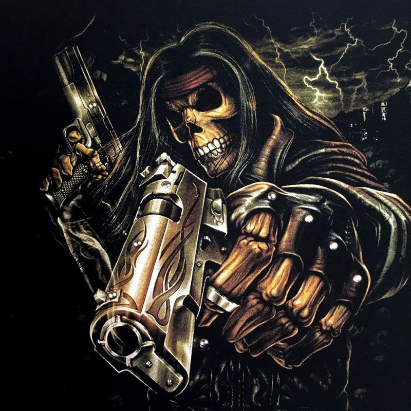Create meme: cool skeleton with a gun, skull with pistols, skeleton with a gun