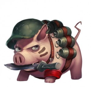 Создать мем: йордл тимо, свин, свинья с оружием