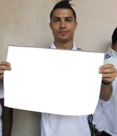 Create meme: Ronaldo holds a poster template, Ronaldo with a white sheet, Ronaldo holds a piece of paper