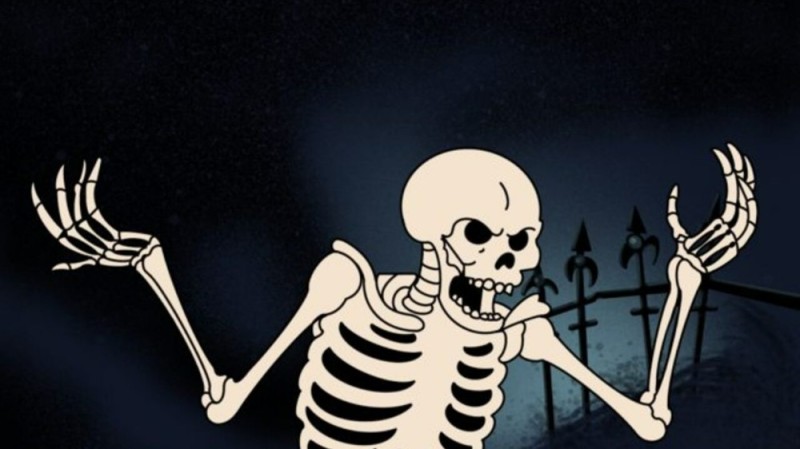 Create meme: the skeleton from the cartoon, skeleton background, skeleton on a black background