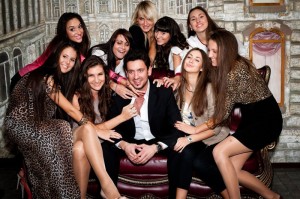 Create meme: Alex Leslie and his harem, bright picture of lots of girls and guys, girl