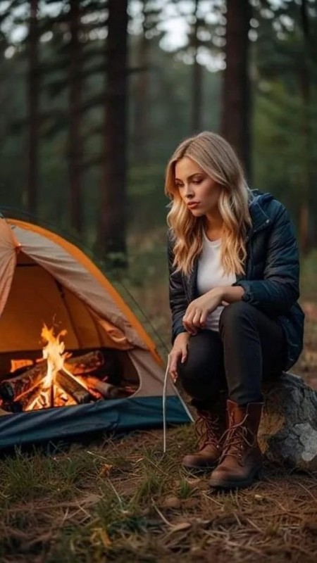 Create meme: forest tent campfire, tent on the nature, the girl in the tent