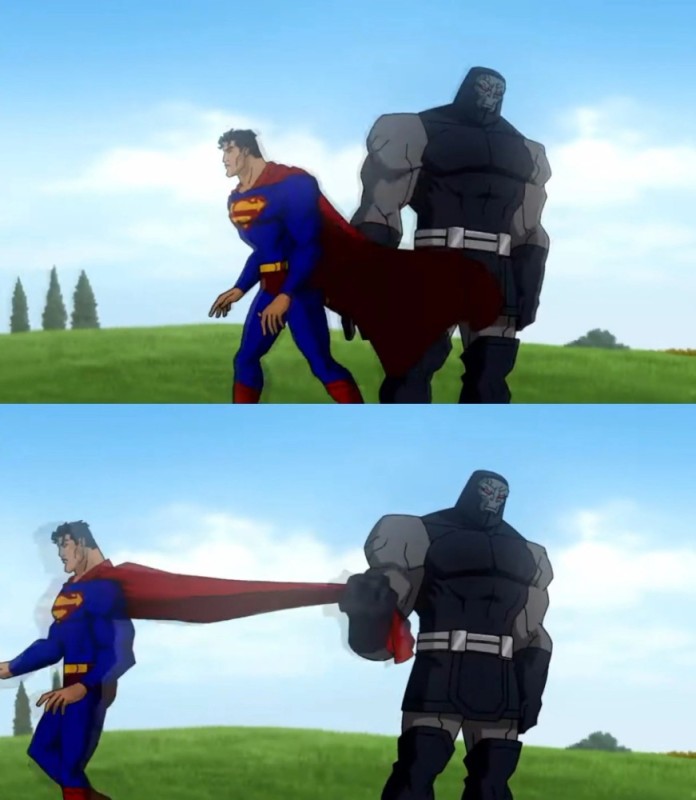 Create meme: Superman vs Darkseid, darkseid pulling superman's cape, Justice League vs Darkseid