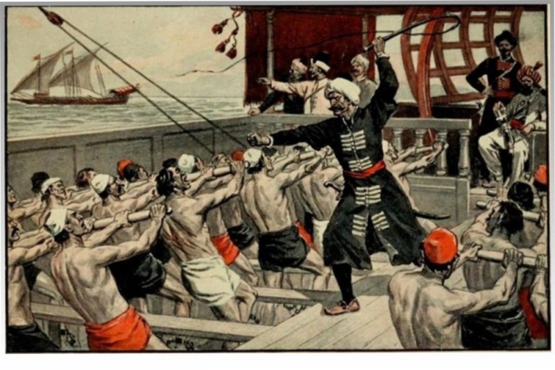 Create meme: galleys of barbary pirates, slaves on the galley, Berber pirates of the 18th century