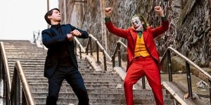 Create meme: the Joker on the stairs meme, the Joker is dancing, joker and peter parker dancing