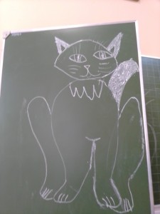 Create meme: drawings chalk Smeshariki on the Board, mouse drawing with chalk on blackboard, cat