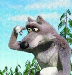 Create meme: twists a finger at a temple, wolf with a finger to his temple, Masha and the bear wolves