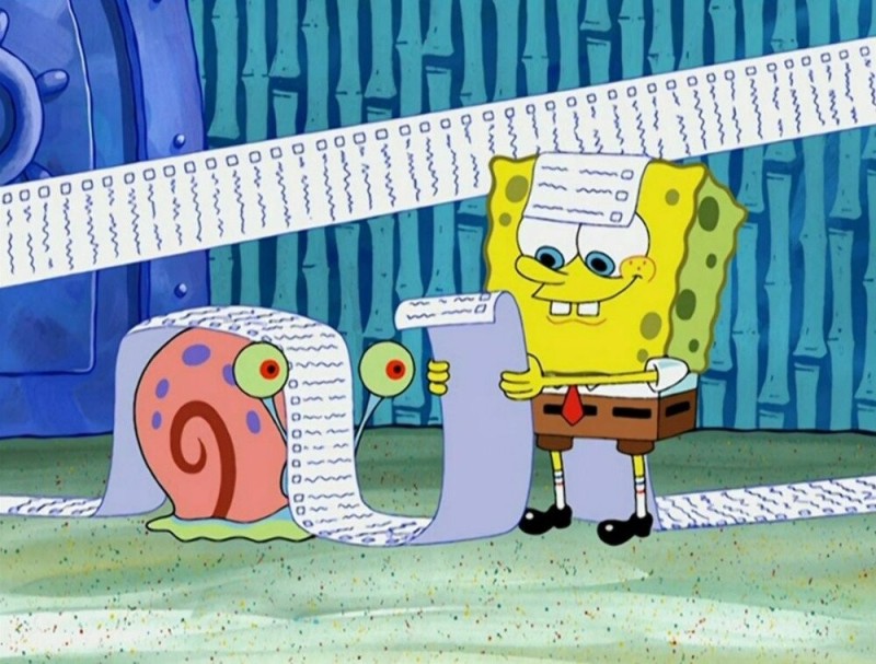 Create meme: sponge Bob square , spongebob with a long list, spongebob spongebob