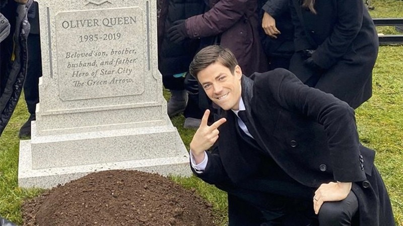 Create meme: grant gastin grave Oliver, grant gastin near the grave, Grant Gustin at the grave