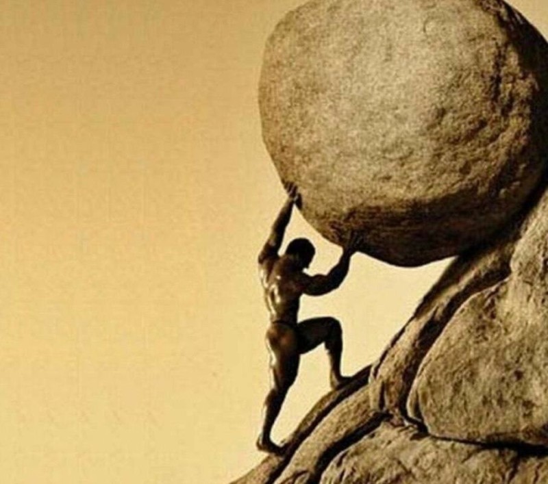 Create meme: Sisyphus stone, pushing a rock uphill, sisyphus is a myth