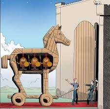 Create meme: meme Trojan horse, drawing of the Trojan horse, Trojan horse myth