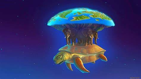 Create meme: turtle three elephants land, three elephants and a turtle, flat land on 3 elephants and a turtle